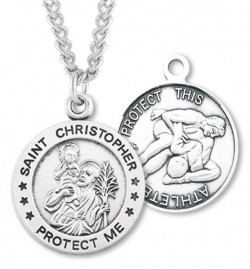 Men's Sterling Silver Round Saint Christopher Wrestling Medal [HMM1009]