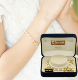 Chalice and Crucifix First Communion White Bead Bracelet [BC2229]