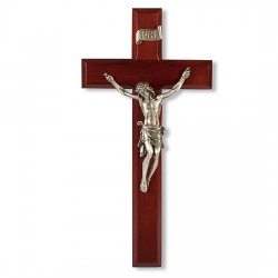 Dark Cherry Wood and Silverstone Corpus Wall Crucifix - 11 inch [CRX4212]