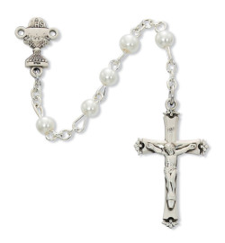 Girls Pewter First Communion Faux Pearl Rosary [MVR0621]