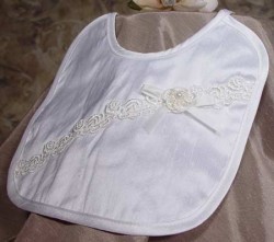 Girls Silk Dupioni Baptism Bib with Rosette &amp; Ribbon [BIBLT008]