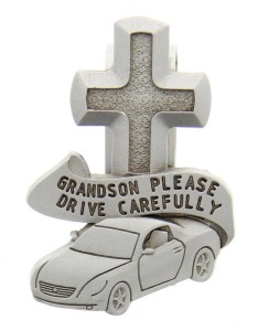 Grandson Please Drive Carefully Visor Clip, Pewter - 2 1/2“H [AU0110]