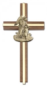 Guardian Angel 6“ Wall Cross in Walnut Wood and Metal Inlay [CRB0056]