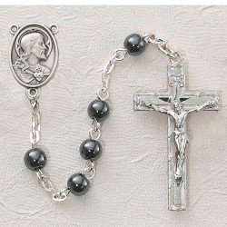 Hematite First Communion Sacred Heart Rosary - Rhodium [MVC0043]