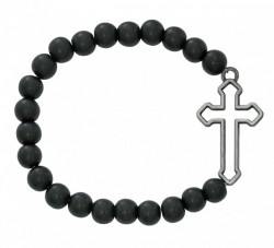 Men's Black Matte Bead and Cut Out Cross Stretch Bracelet [MCBR0052]