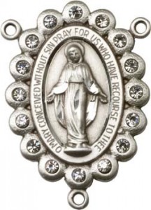 Large Miraculous Sterling Silver Rosary Centerpiece with Clear Glass Stud Border  [BLCR0136]