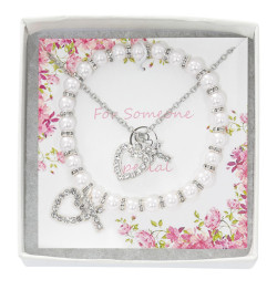 Pearl Glass Crystal Heart Stretch Bracelet Pendant Set [MV2104]