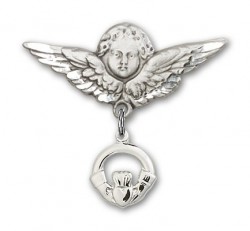 Pin Badge with Claddagh Charm and Angel with Larger Wings Badge Pin [BLBP0142]