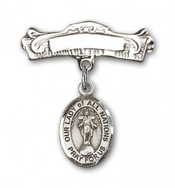 Pin Badge with Our Lady of All Nations Charm and Arched Polished Engravable Badge Pin [BLBP1570]