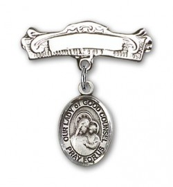 Pin Badge with Our Lady of Good Counsel Charm and Arched Polished Engravable Badge Pin [BLBP1877]