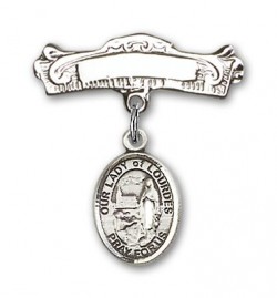 Pin Badge with Our Lady of Lourdes Charm and Arched Polished Engravable Badge Pin [BLBP1884]