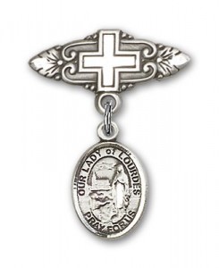 Pin Badge with Our Lady of Lourdes Charm and Badge Pin with Cross [BLBP1883]