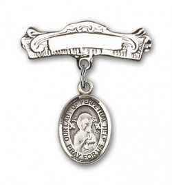 Pin Badge with Our Lady of Perpetual Help Charm and Arched Polished Engravable Badge Pin [BLBP1437]