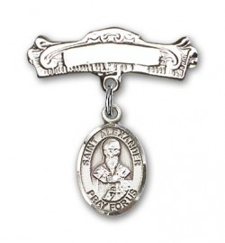 Pin Badge with St. Alexander Sauli Charm and Arched Polished Engravable Badge Pin [BLBP0344]