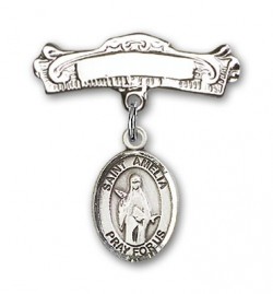 Pin Badge with St. Amelia Charm and Arched Polished Engravable Badge Pin [BLBP2058]