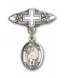 Pin Badge with St. Amelia Charm and Badge Pin with Cross [BLBP2057]