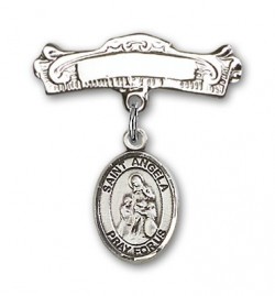 Pin Badge with St. Angela Merici Charm and Arched Polished Engravable Badge Pin [BLBP1856]