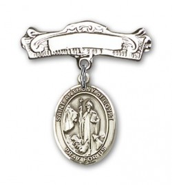 Pin Badge with St. Anthony of Egypt Charm and Arched Polished Engravable Badge Pin [BLBP2086]