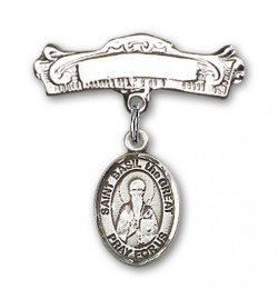 Pin Badge with St. Basil the Great Charm and Arched Polished Engravable Badge Pin [BLBP1794]