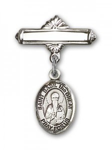 Pin Badge with St. Basil the Great Charm and Polished Engravable Badge Pin [BLBP1792]
