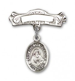 Pin Badge with St. Bede the Venerable Charm and Arched Polished Engravable Badge Pin [BLBP1981]