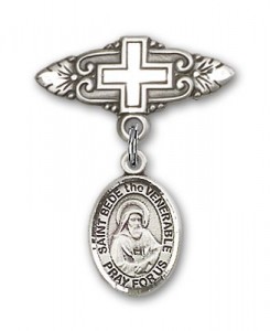 Pin Badge with St. Bede the Venerable Charm and Badge Pin with Cross [BLBP1980]