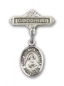 Pin Badge with St. Bede the Venerable Charm and Godchild Badge Pin [BLBP1984]