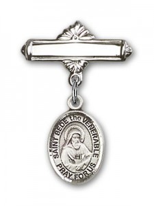 Pin Badge with St. Bede the Venerable Charm and Polished Engravable Badge Pin [BLBP1979]