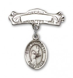 Pin Badge with St. Bernadette Charm and Arched Polished Engravable Badge Pin [BLBP0379]
