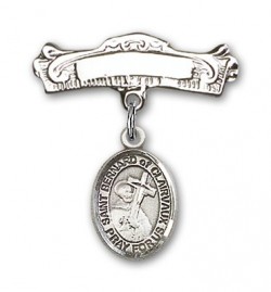 Pin Badge with St. Bernard of Clairvaux Charm and Arched Polished Engravable Badge Pin [BLBP1507]