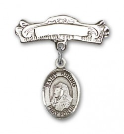 Pin Badge with St. Bruno Charm and Arched Polished Engravable Badge Pin [BLBP1759]