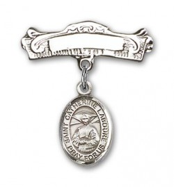 Pin Badge with St. Catherine Laboure Charm and Arched Polished Engravable Badge Pin [BLBP0408]