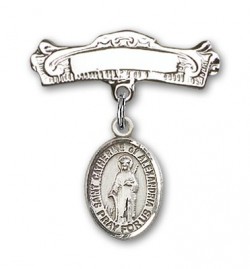 Pin Badge with St. Catherine of Alexandria Charm and Arched Polished Engravable Badge Pin [BLBP2226]