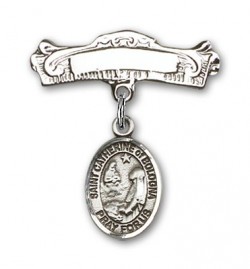 Pin Badge with St. Catherine of Bologna Charm and Arched Polished Engravable Badge Pin [BLBP2268]