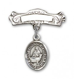 Pin Badge with St. Catherine of Sweden Charm and Arched Polished Engravable Badge Pin [BLBP2184]