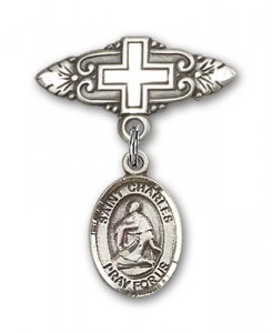 Pin Badge with St. Charles Borromeo Charm and Badge Pin with Cross [BLBP0400]