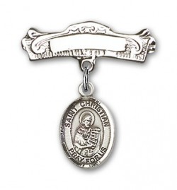 Pin Badge with St. Christian Demosthenes Charm and Arched Polished Engravable Badge Pin [BLBP1675]