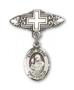 Pin Badge with St. Clare of Assisi Charm and Badge Pin with Cross [BLBP0456]