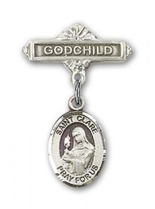 Pin Badge with St. Clare of Assisi Charm and Godchild Badge Pin [BLBP0460]