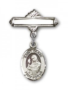 Pin Badge with St. Clare of Assisi Charm and Polished Engravable Badge Pin [BLBP0455]