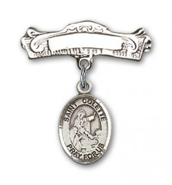 Pin Badge with St. Colette Charm and Arched Polished Engravable Badge Pin [BLBP1745]