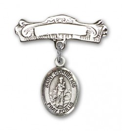Pin Badge with St. Cornelius Charm and Arched Polished Engravable Badge Pin [BLBP2135]