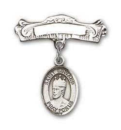 Pin Badge with St. Edward the Confessor Charm and Arched Polished Engravable Badge Pin [BLBP0443]