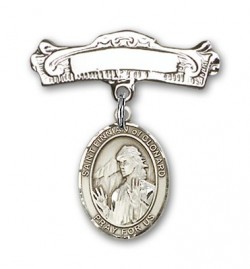 Pin Badge with St. Finnian of Clonard Charm and Arched Polished Engravable Badge Pin [BLBP2023]