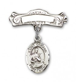 Pin Badge with St. Gerard Charm and Arched Polished Engravable Badge Pin [BLBP0555]