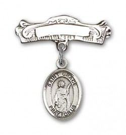 Pin Badge with St. Grace Charm and Arched Polished Engravable Badge Pin [BLBP1661]