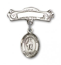 Pin Badge with St. Gregory the Great Charm and Arched Polished Engravable Badge Pin [BLBP0597]