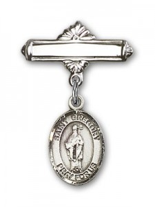 Pin Badge with St. Gregory the Great Charm and Polished Engravable Badge Pin [BLBP0595]