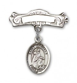 Pin Badge with St. Isabella of Portugal Charm and Arched Polished Engravable Badge Pin [BLBP1626]