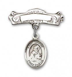 Pin Badge with St. Isidore of Seville Charm and Arched Polished Engravable Badge Pin [BLBP0604]